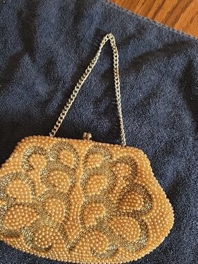 Vintage Mid-century "Made in Japan" Beaded Evening Clutch in Gold Pearl Finish